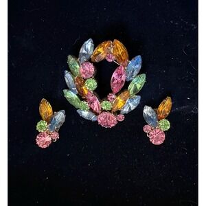 Vintage Pastel Color Rhinestone Pin & Earrings Set Pink Blue Green